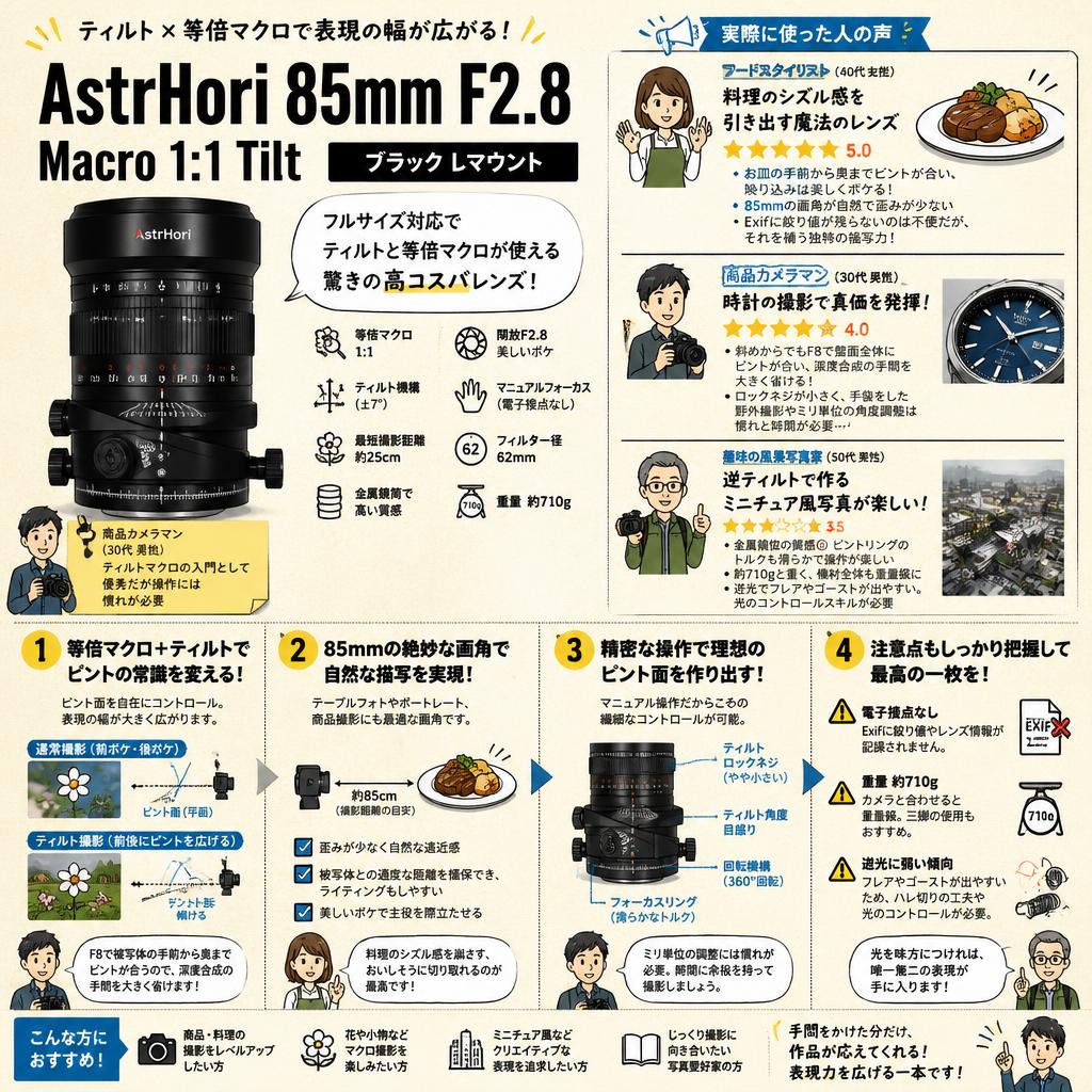 AstrHori 85mm F2.8 Macro 1:1 Tilt ブラック Lマウント インターネット上のお客様の声（評判）