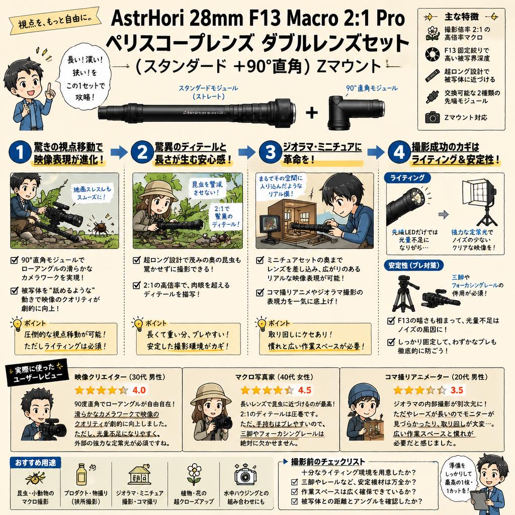 AstrHori 28mm F13 Macro 2:1 Pro ペリスコープレンズ ダブルレンズセット (スタンダード ＋90°直角）Zマウント インターネット上のお客様の声（評判）