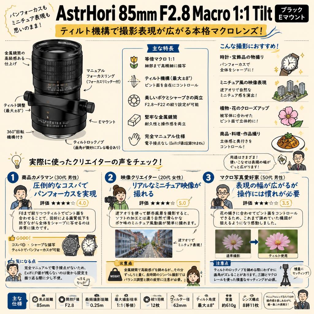 AstrHori 85mm F2.8 Macro 1:1 Tilt ブラック Eマウント インターネット上のお客様の声（評判）