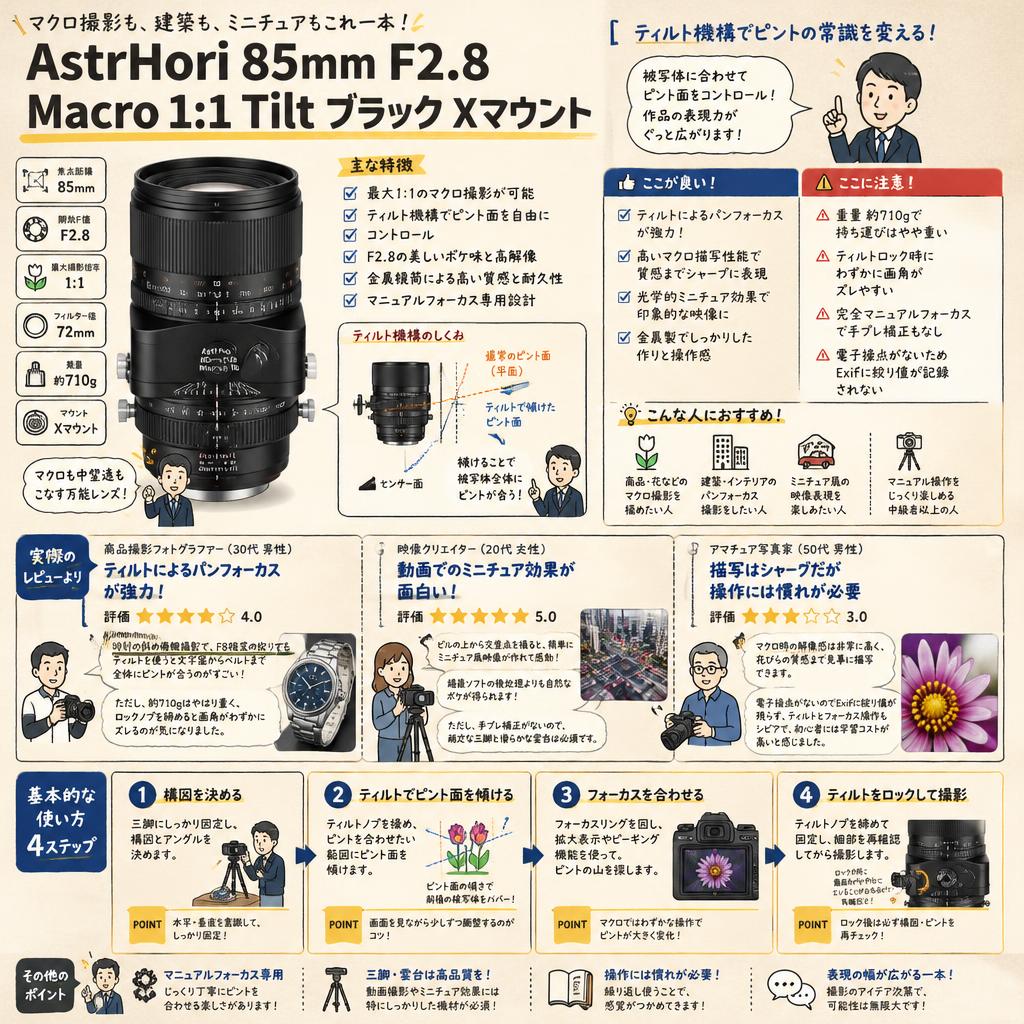 AstrHori 85mm F2.8 Macro 1:1 Tilt ブラック Xマウント インターネット上のお客様の声（評判）