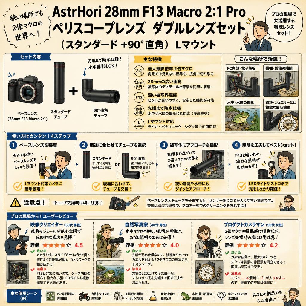 AstrHori 28mm F13 Macro 2:1 Pro ペリスコープレンズ ダブルレンズセット (スタンダード ＋90°直角）Lマウント インターネット上のお客様の声（評判）