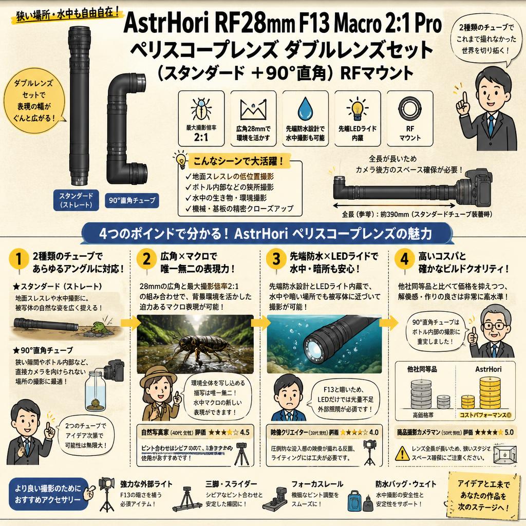 AstrHori RF28mm F13 Macro 2:1 Pro ペリスコープレンズ ダブルレンズセット (スタンダード ＋90°直角）RFマウント インターネット上のお客様の声（評判）