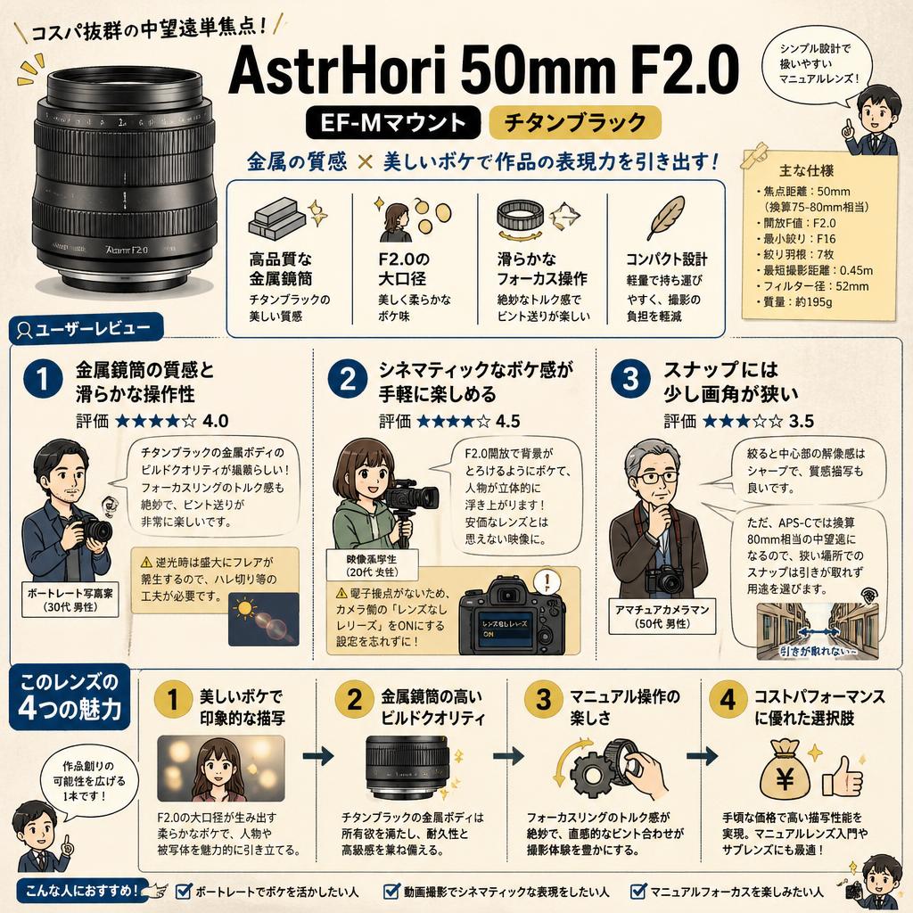 AstrHori 50mm F2.0 EF-Mマウント チタンブラック インターネット上のお客様の声（評判）