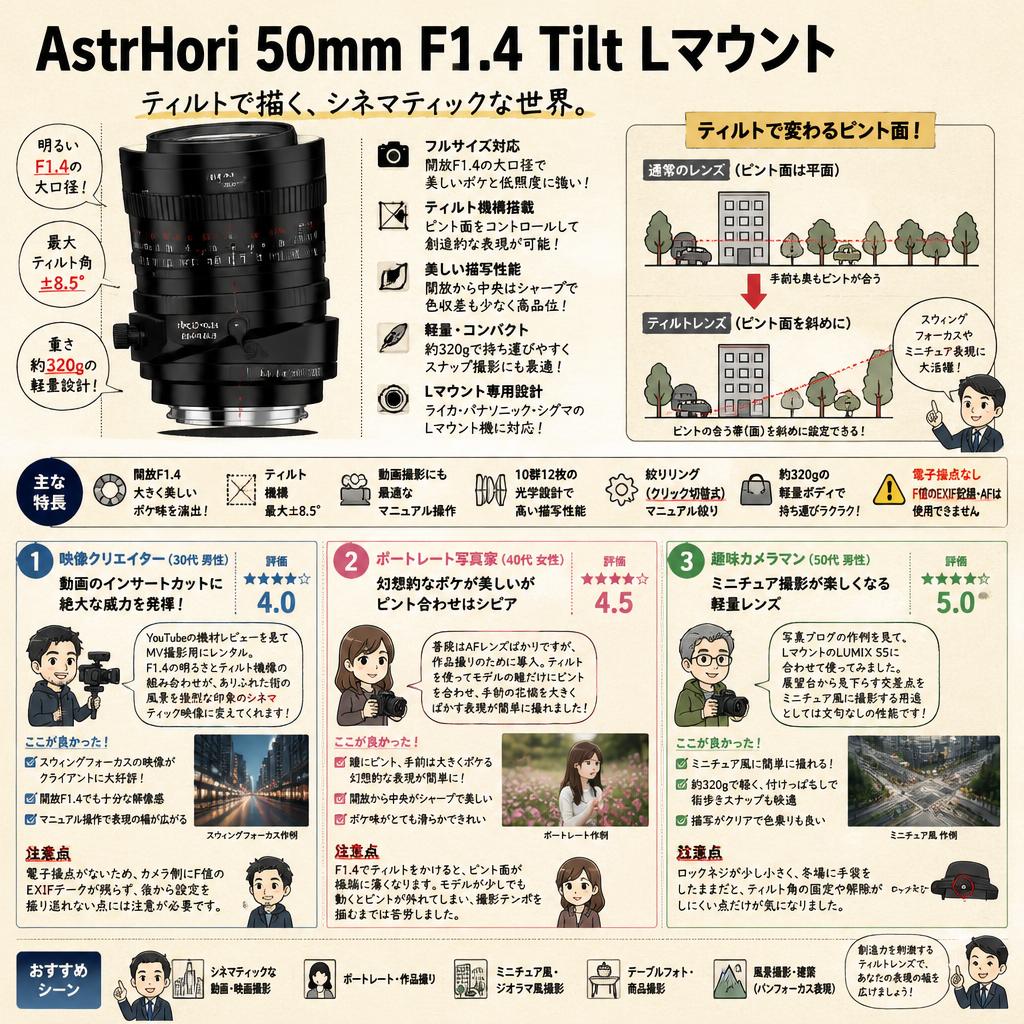 AstrHori 50mm F1.4 Tilt Lマウント インターネット上のお客様の声（評判）