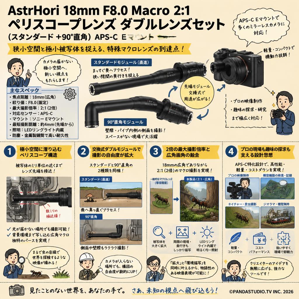 AstrHori 18mm F8.0 Macro 2:1 ペリスコープレンズ ダブルレンズセット (スタンダード ＋90°直角）APS-C Eマウント 概要