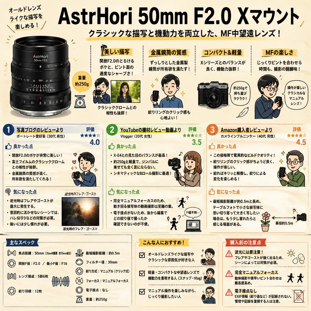 AstrHori 50mm F2.0 Xマウント インターネット上のお客様の声（評判）