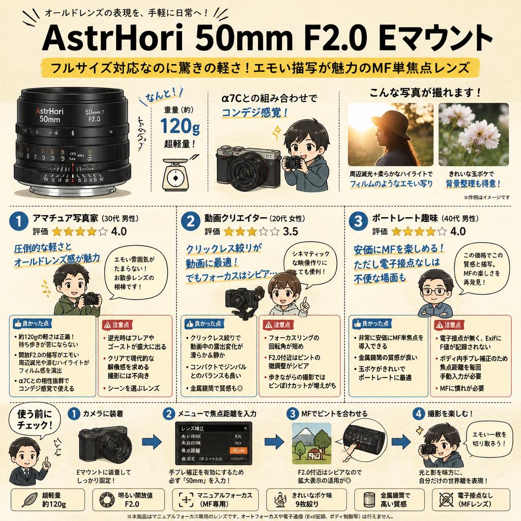 AstrHori 50mm F2.0 Eマウント インターネット上のお客様の声（評判）