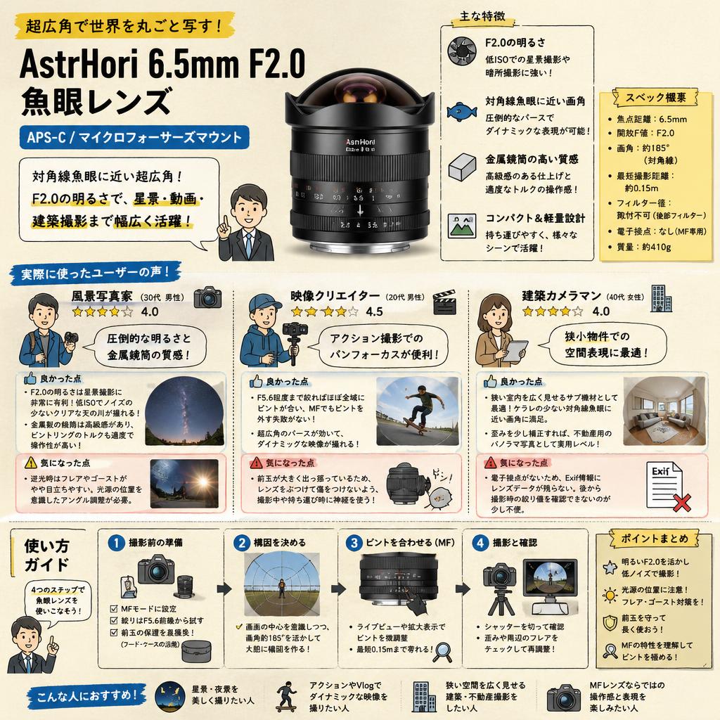 AstrHori 6.5mm F2.0 Fish-Eye APS-C マイクロフォーサーズマウント インターネット上のお客様の声（評判）