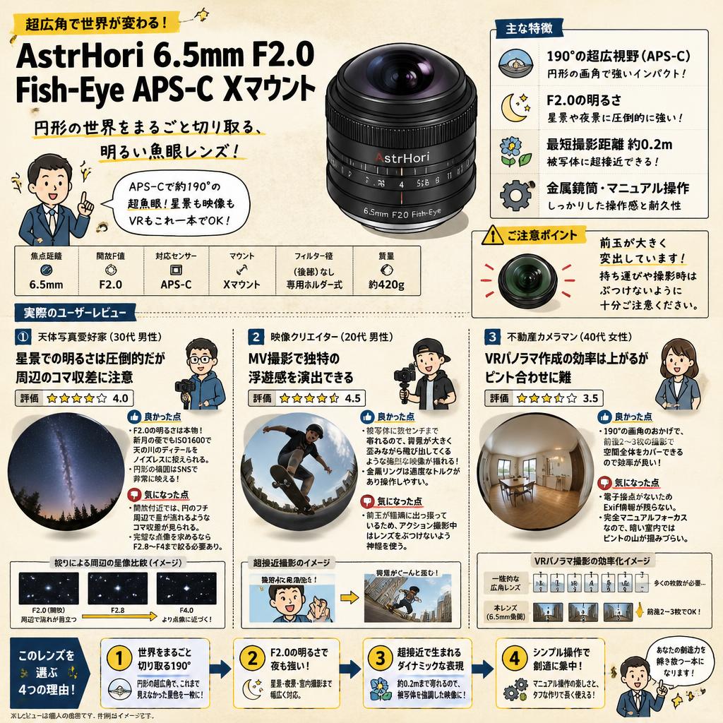 AstrHori 6.5mm F2.0 Fish-Eye APS-C Xマウント インターネット上のお客様の声（評判）