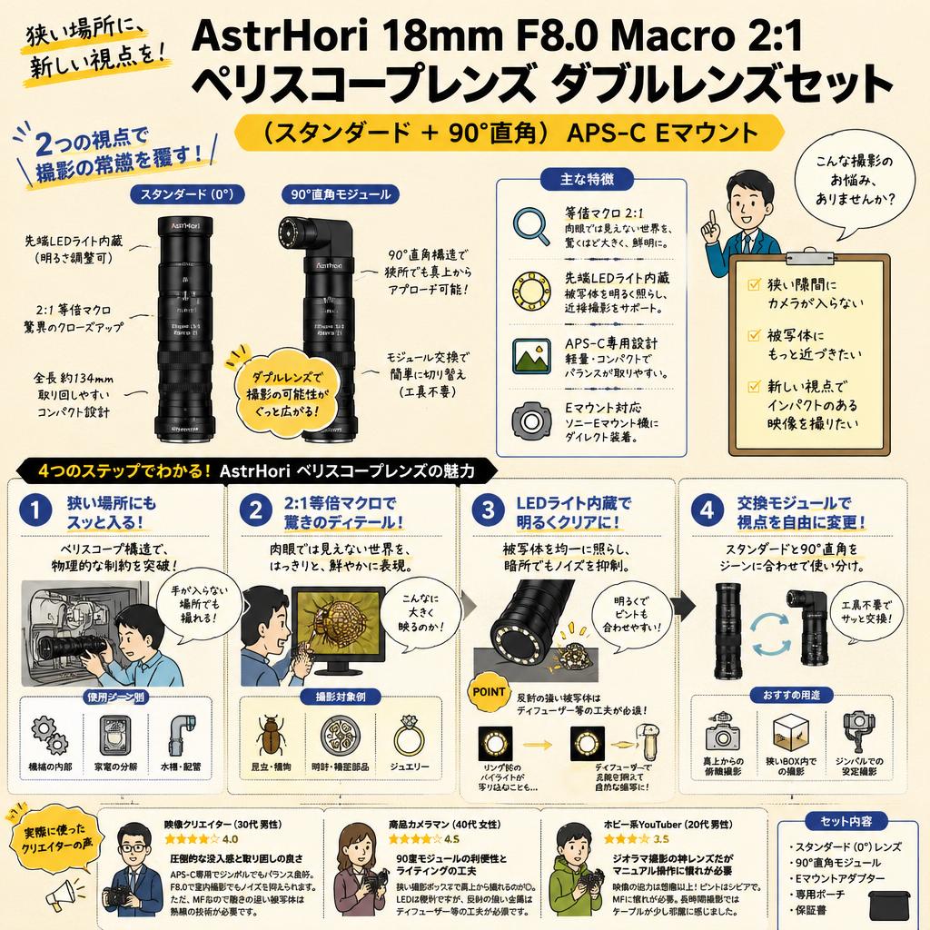 AstrHori 18mm F8.0 Macro 2:1 ペリスコープレンズ ダブルレンズセット (スタンダード ＋90°直角）APS-C Eマウント インターネット上のお客様の声（評判）