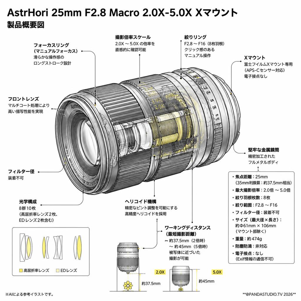 AstrHori  25mm F2.8 Macro 2.0X-5.0X Xマウント スペック