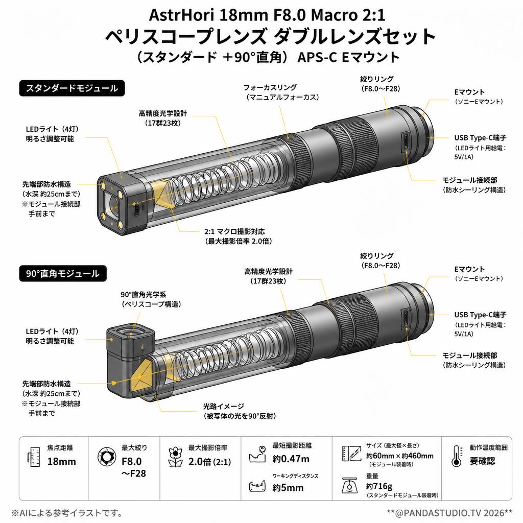 AstrHori 18mm F8.0 Macro 2:1 ペリスコープレンズ ダブルレンズセット (スタンダード ＋90°直角）APS-C Eマウント スペック