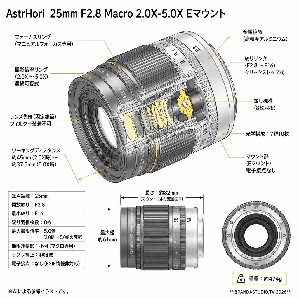 AstrHori  25mm F2.8 Macro 2.0X-5.0X Eマウント スペック