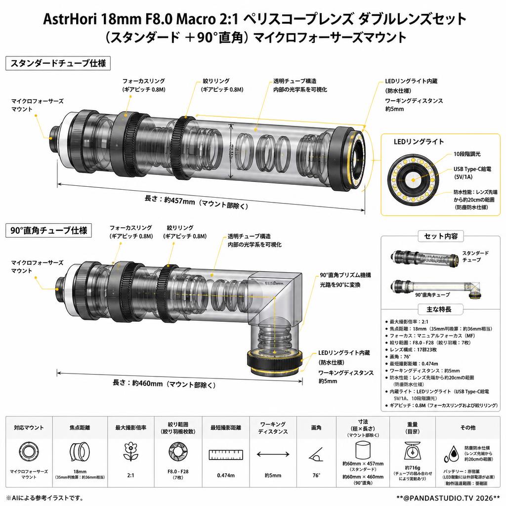 AstrHori 18mm F8.0 Macro 2:1 ペリスコープレンズ ダブルレンズセット (スタンダード ＋90°直角）マイクロフォーサーズマウントマウント スペック