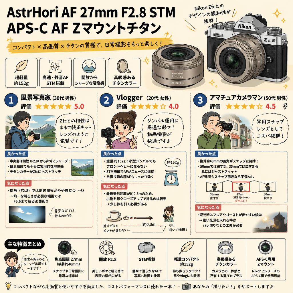 AstrHori AF 27mm F2.8 STM APS-C AF Zマウントチタン インターネット上のお客様の声（評判）
