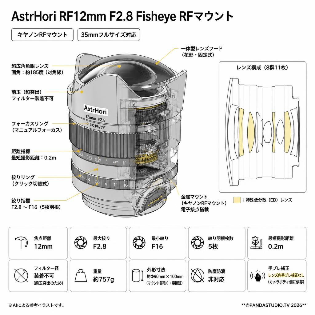AstrHori RF12mm F2.8 Fisheye RFマウント スペック