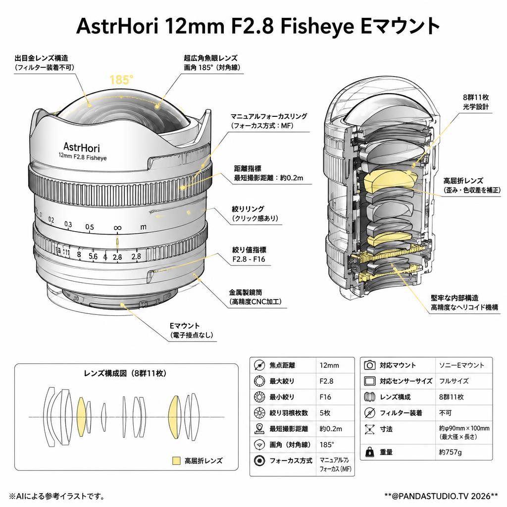 AstrHori 12mm F2.8 Fisheye Eマウント スペック