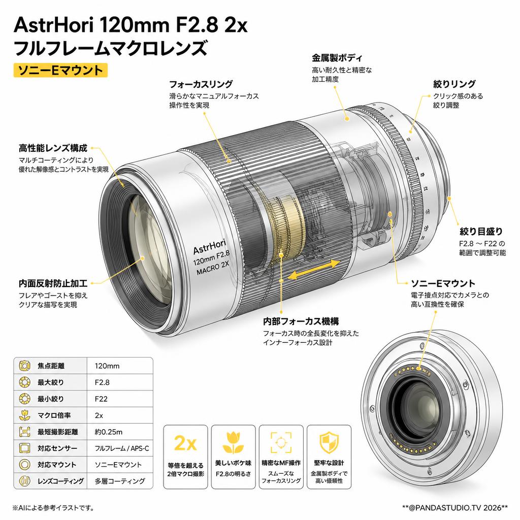 AstrHori 120mm F2.8 2x フルフレームマクロレンズ ソニーEマウント スペック