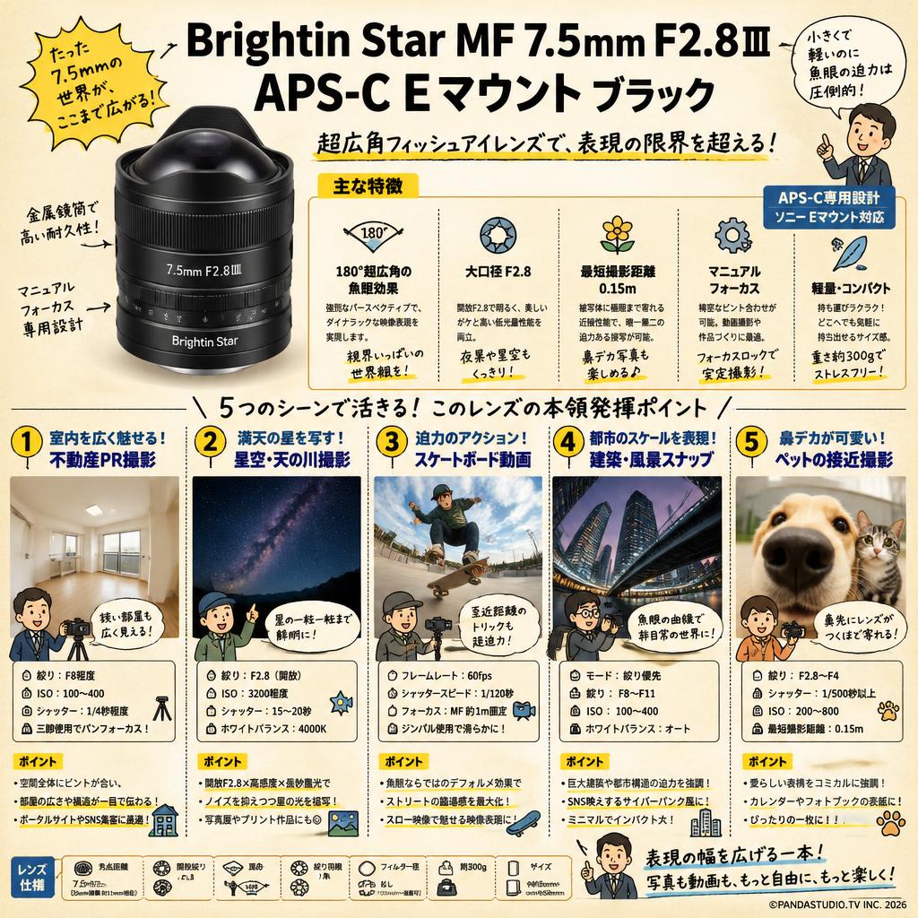 Brightin Star MF 7.5mm F2.8Ⅲ APS-C Eマウント ブラック 用途