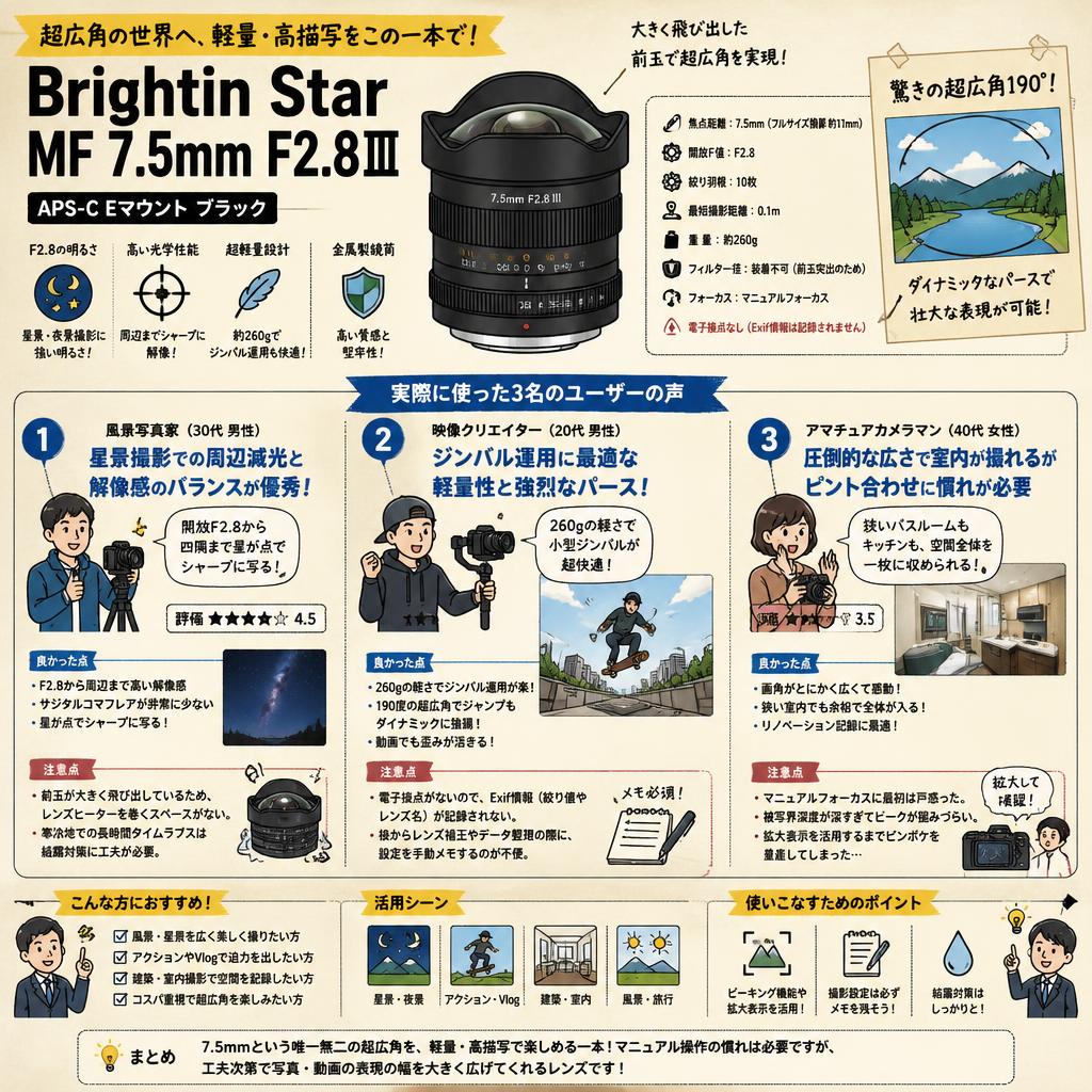 Brightin Star MF 7.5mm F2.8Ⅲ APS-C Eマウント ブラック インターネット上のお客様の声（評判）