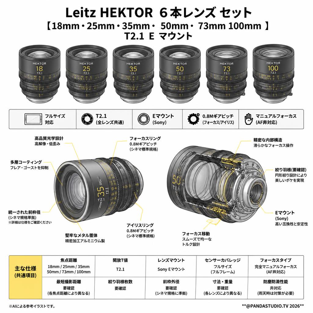 Leitz HEKTOR ６本レンズ セット 【18mm・25mm・35mm・ 50mm・ 73mm 100mm 】 T2.1 E マウント スペック