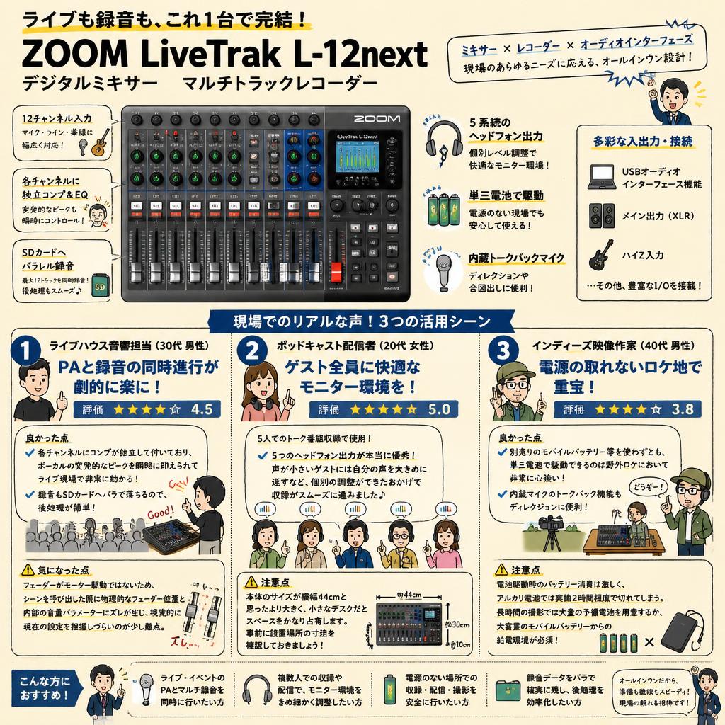 ZOOM LiveTrak L-12next デジタルミキサー マルチトラックレコーダー インターネット上のお客様の声（評判）