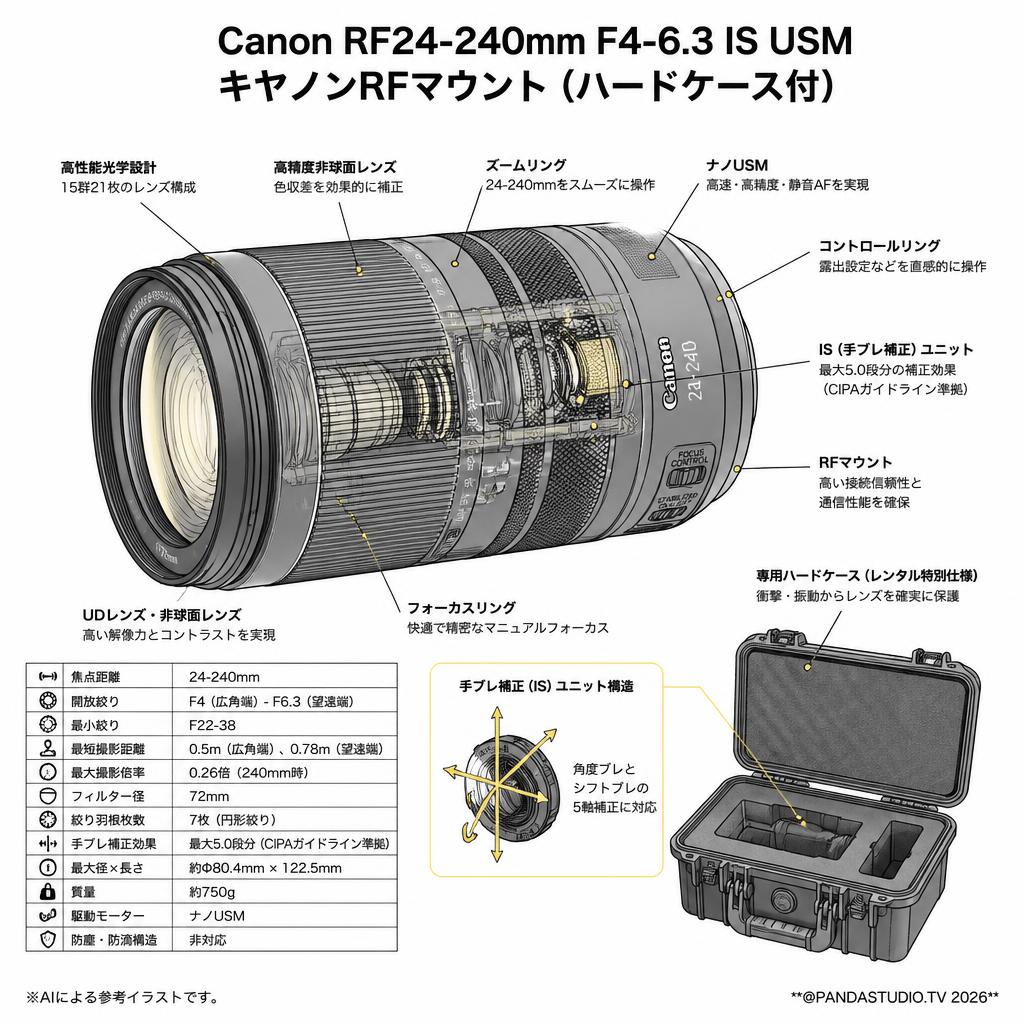 Canon RF24-240mm F4-6.3 IS USM キヤノンRFマウント(ハードケ－ス付) スペック