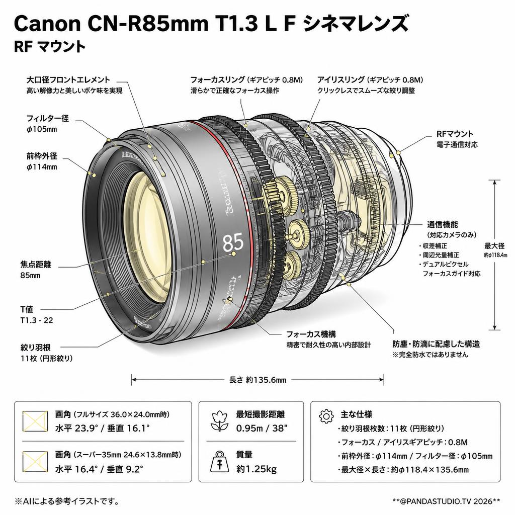 Canon CN-R85mm T1.3 L F シネマレンズ  RF マウント スペック