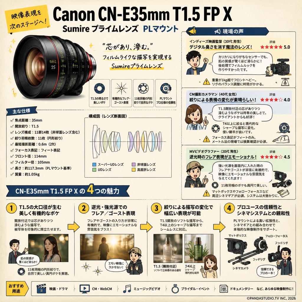 Canon CN-E35mm T1.5 FP X Sumire Prime プライム レンズ PLマウント インターネット上のお客様の声（評判）