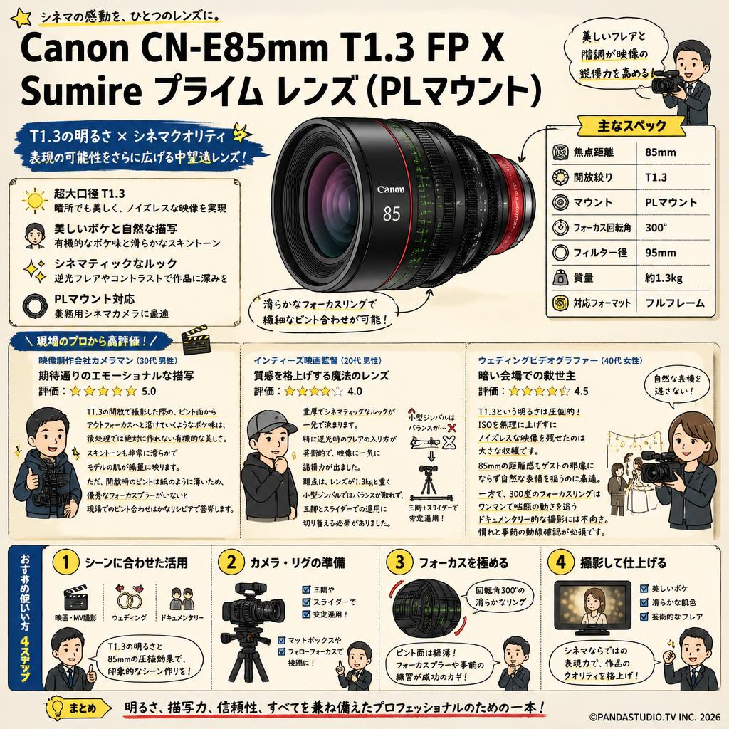 Canon CN-E85mm T1.3 FP X Sumire Prime プライム レンズ PLマウント インターネット上のお客様の声（評判）