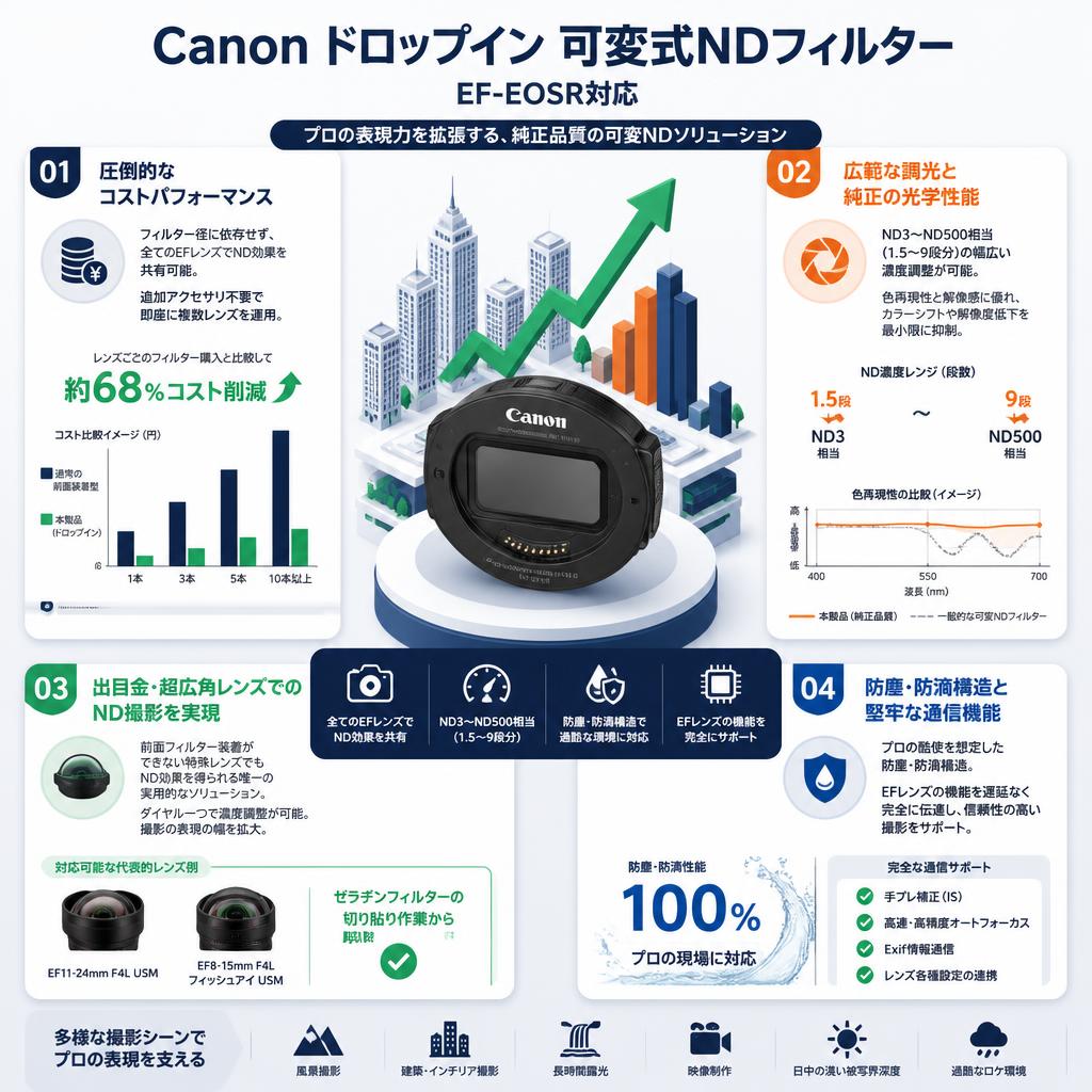 Canon ドロップイン 可変式NDフィルター EF-EOSR対応 セールスポイント