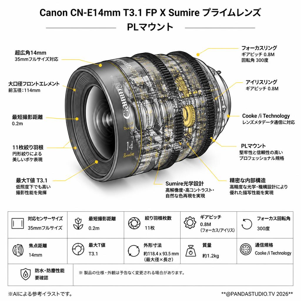 Canon CN-E14mm T3.1 FP X Sumire Prime プライム レンズ PLマウント スペック