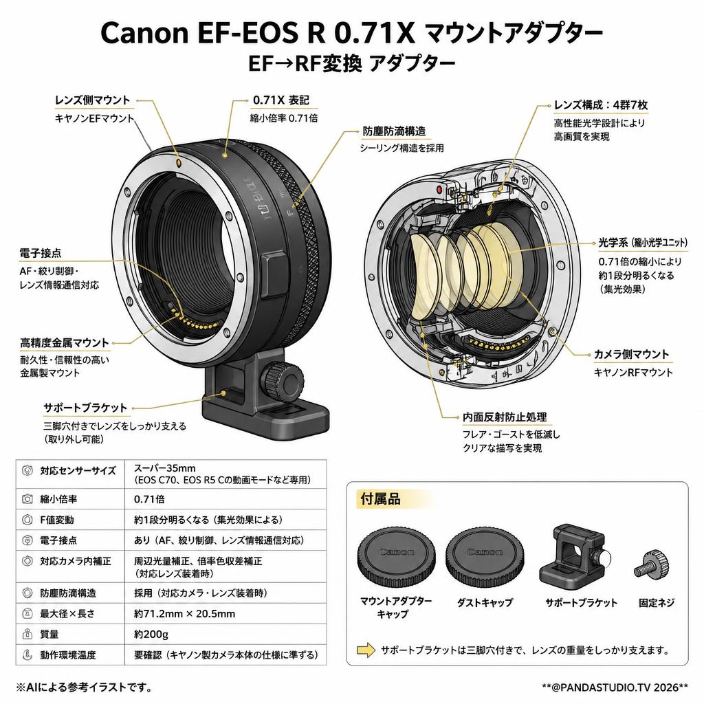 Canon EF-EOS R 0.71X マウントアダプター EF→RF変換 アダプター スペック
