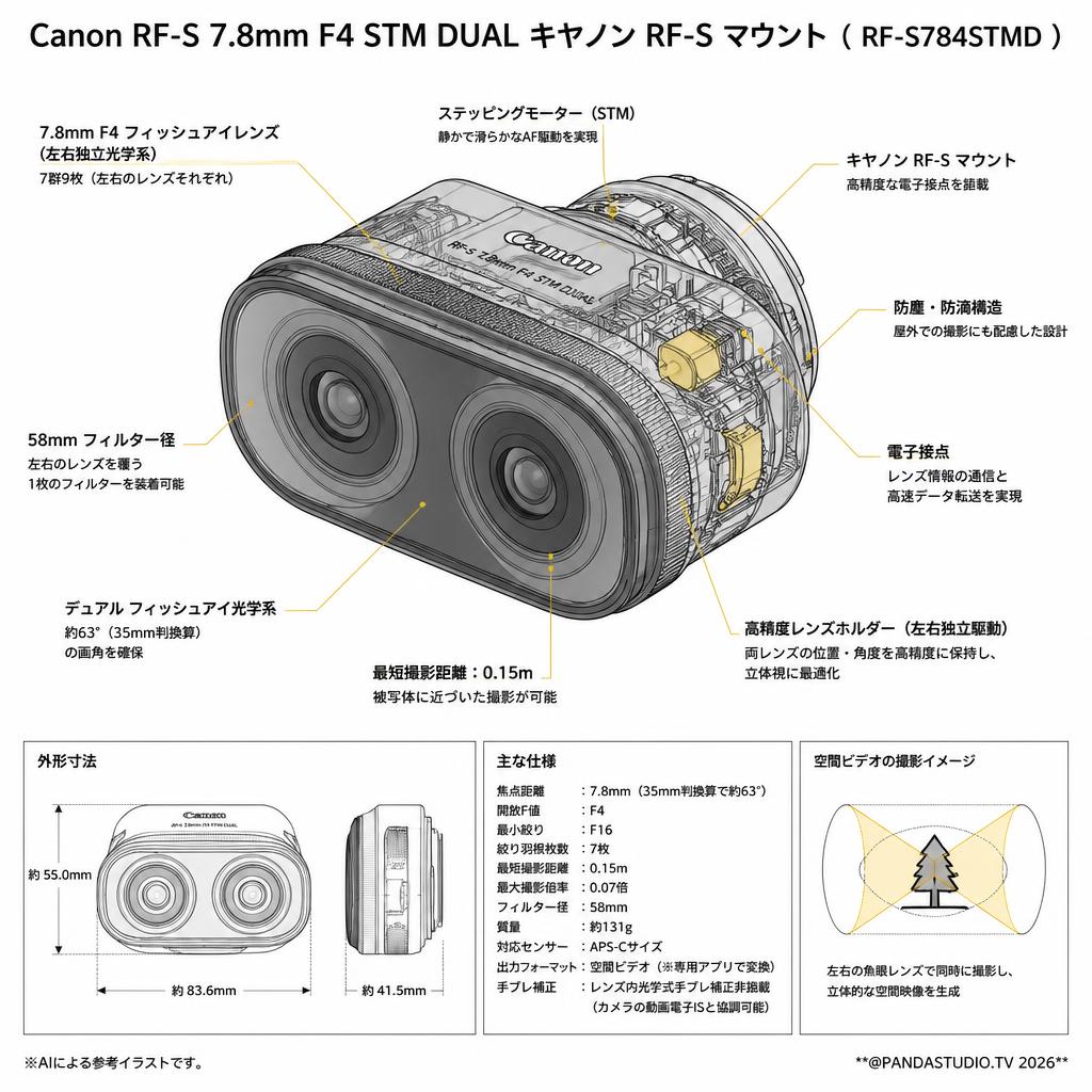 Canon RF-S 7.8mm F4 STM DUAL キヤノン RF-S マウント （ RF-S784STMD ） スペック