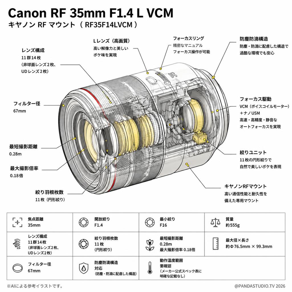 Canon RF 35mm F1.4 L VCM  キヤノン RF マウント （ RF35F14LVCM ） スペック