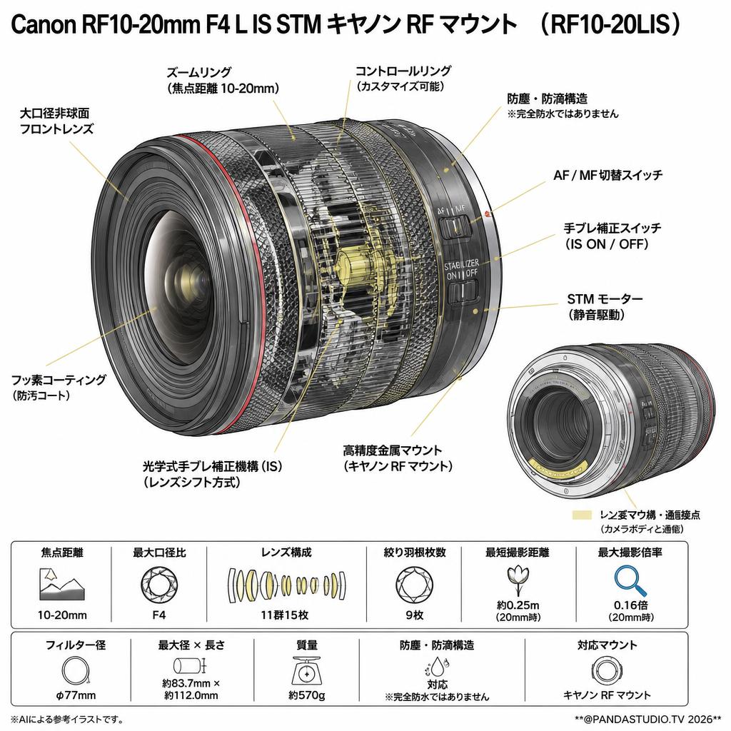 Canon RF10-20mm F4 L IS STM キヤノン RF マウント （ RF10-20LIS ） スペック