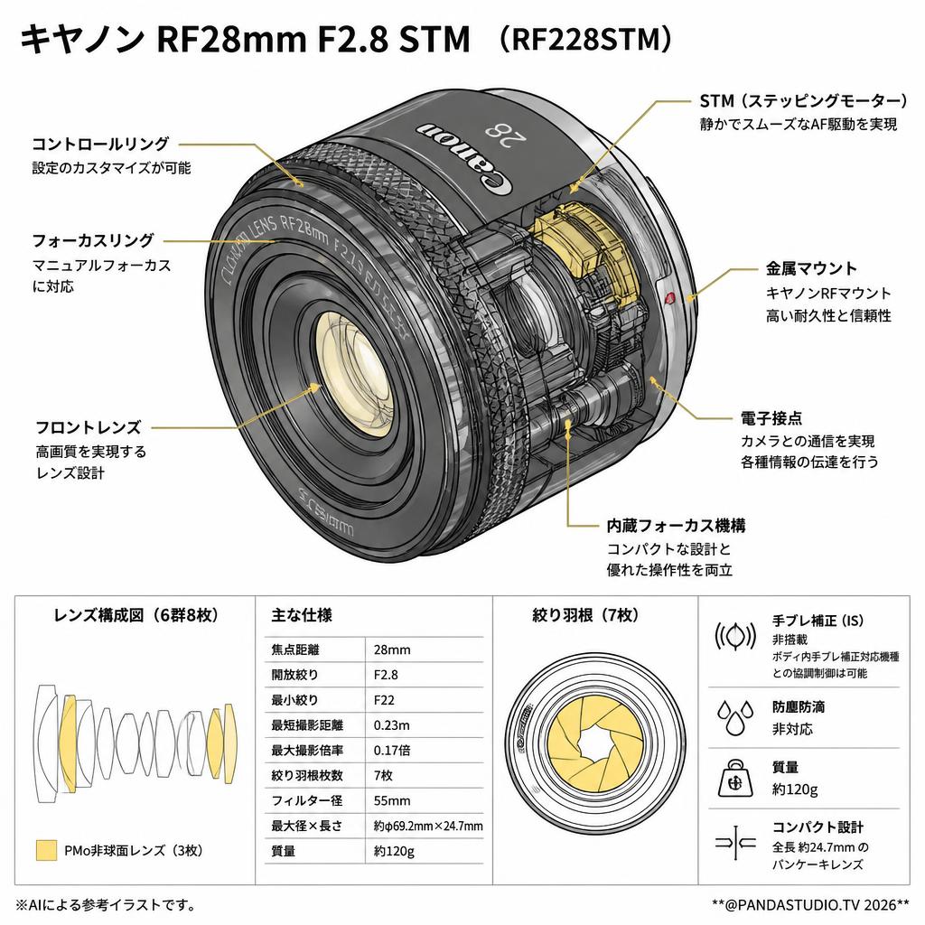 Canon RF28mm F2.8 STM キヤノン RF マウント （ RF2828STM ） スペック