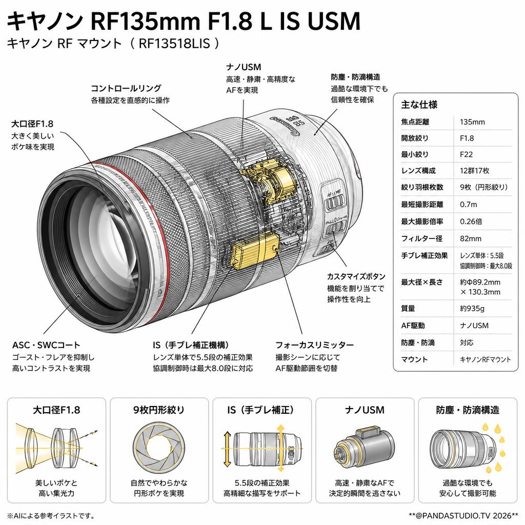 Canon RF135mm F1.8 L IS USM キヤノン RF マウント （ RF13518LIS ） スペック