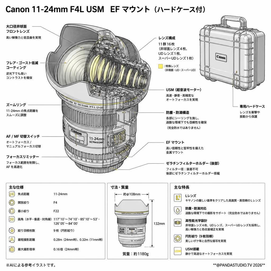 Canon 11-24mm F4L USM  EF マウント (ハードケ－ス付) スペック