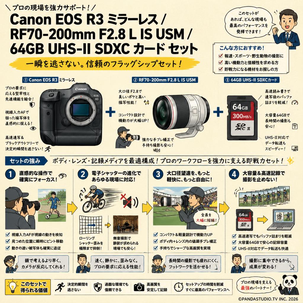 Canon EOS R3 ミラーレス / RF70-200mm F2.8 L IS USM / 64GB UHS-II SDXC カード セット 概要