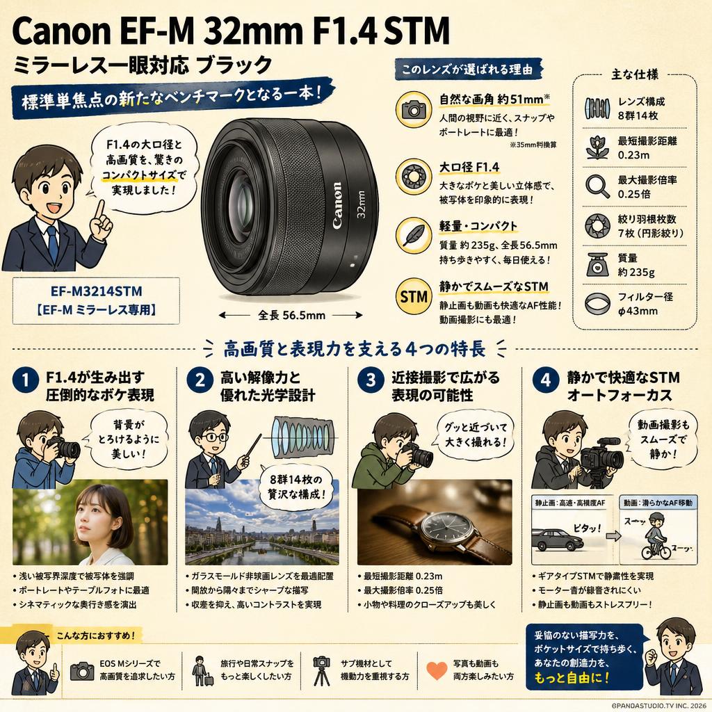 Canon EF-M 32mm F1.4 STM ミラーレス一眼対応 ブラック 全長56.5mm EF-M3214STM 【EF-M ミラーレス専用】 概要