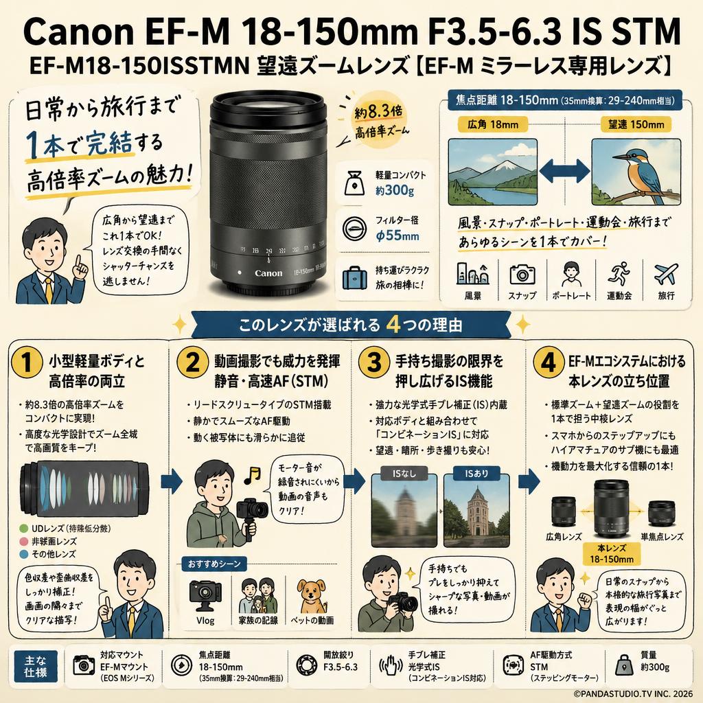 Canon EF-M 18-150mm F3.5-6.3 IS STM EF-M18-150ISSTMN 望遠ズームレンズ 【EF-M ミラーレス専用レンズ】 概要