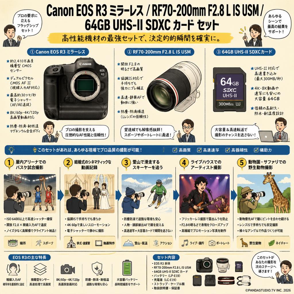Canon EOS R3 ミラーレス / RF70-200mm F2.8 L IS USM / 64GB UHS-II SDXC カード セット 用途