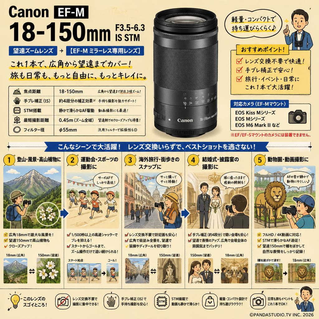 Canon EF-M 18-150mm F3.5-6.3 IS STM EF-M18-150ISSTMN 望遠ズームレンズ 【EF-M ミラーレス専用レンズ】 用途