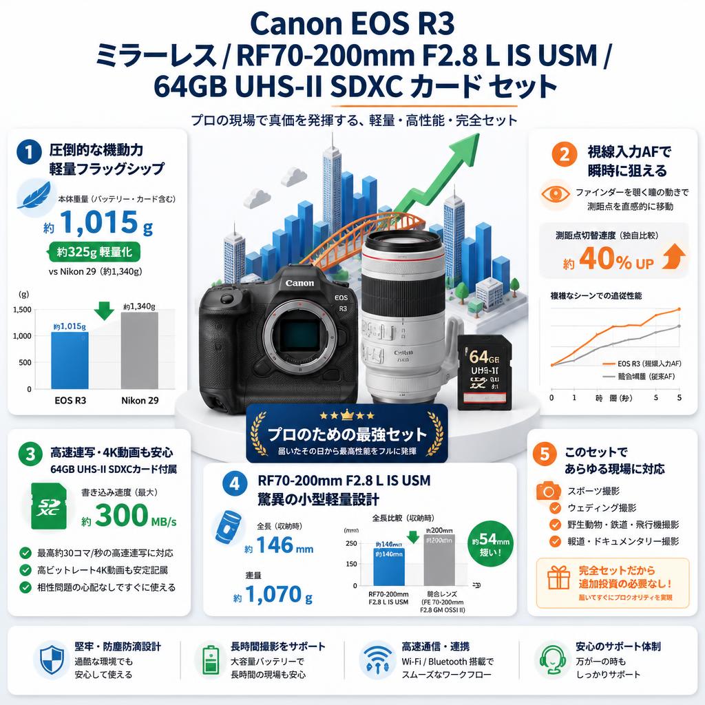 Canon EOS R3 ミラーレス / RF70-200mm F2.8 L IS USM / 64GB UHS-II SDXC カード セット セールスポイント