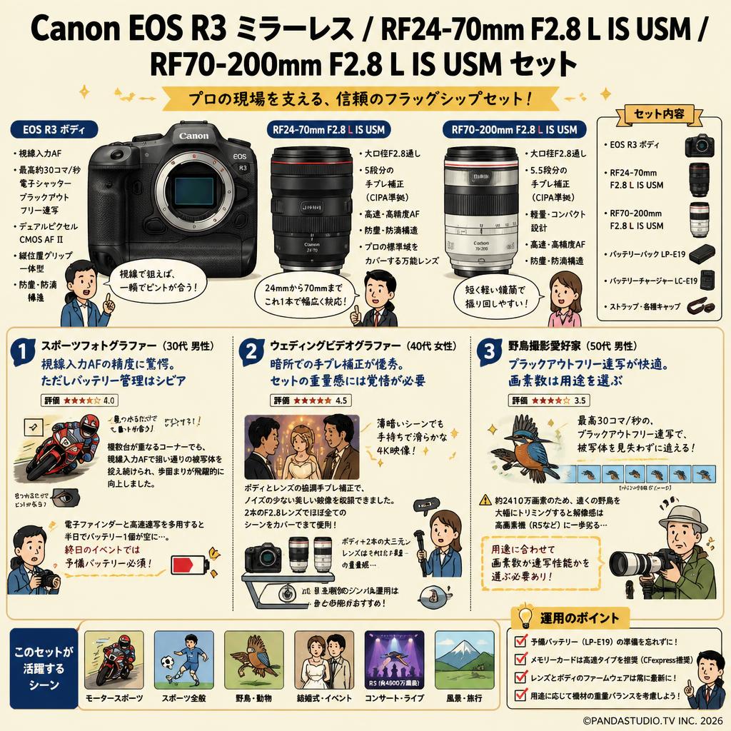 Canon EOS R3 ミラーレス / RF24-70mm F2.8 L IS USM / RF70-200mm F2.8 L IS USM セット インターネット上のお客様の声（評判）