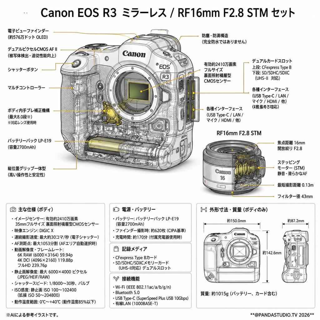 Canon EOS R3 ミラーレス / RF16mm F2.8 STM (キヤノンRFマウント) セット スペック