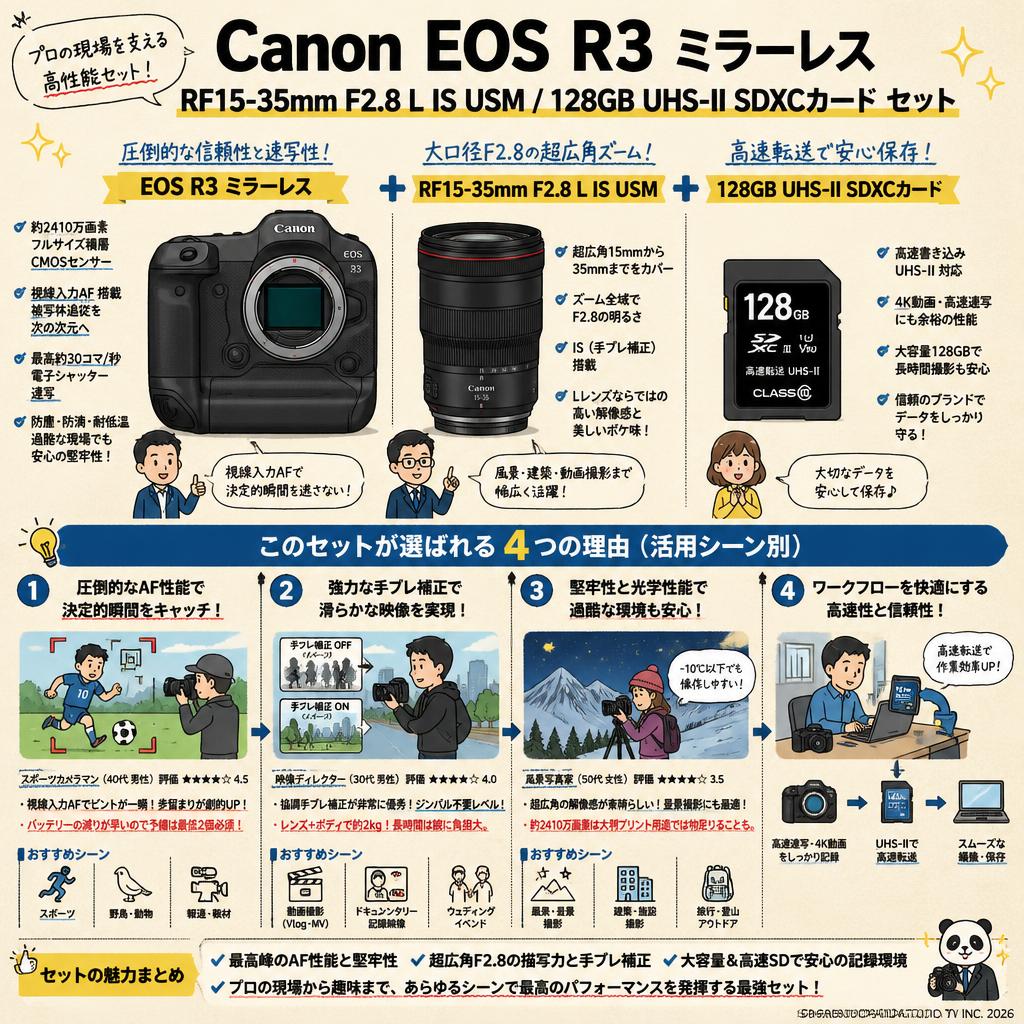 Canon EOS R3 ミラーレス / RF15-35mm F2.8 L IS USM / 128GB UHS-II SDXCカード セット インターネット上のお客様の声（評判）