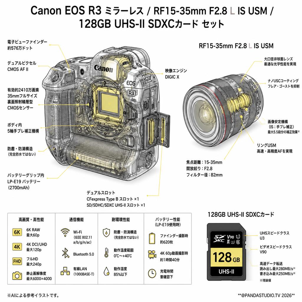 Canon EOS R3 ミラーレス / RF15-35mm F2.8 L IS USM / 128GB UHS-II SDXCカード セット スペック