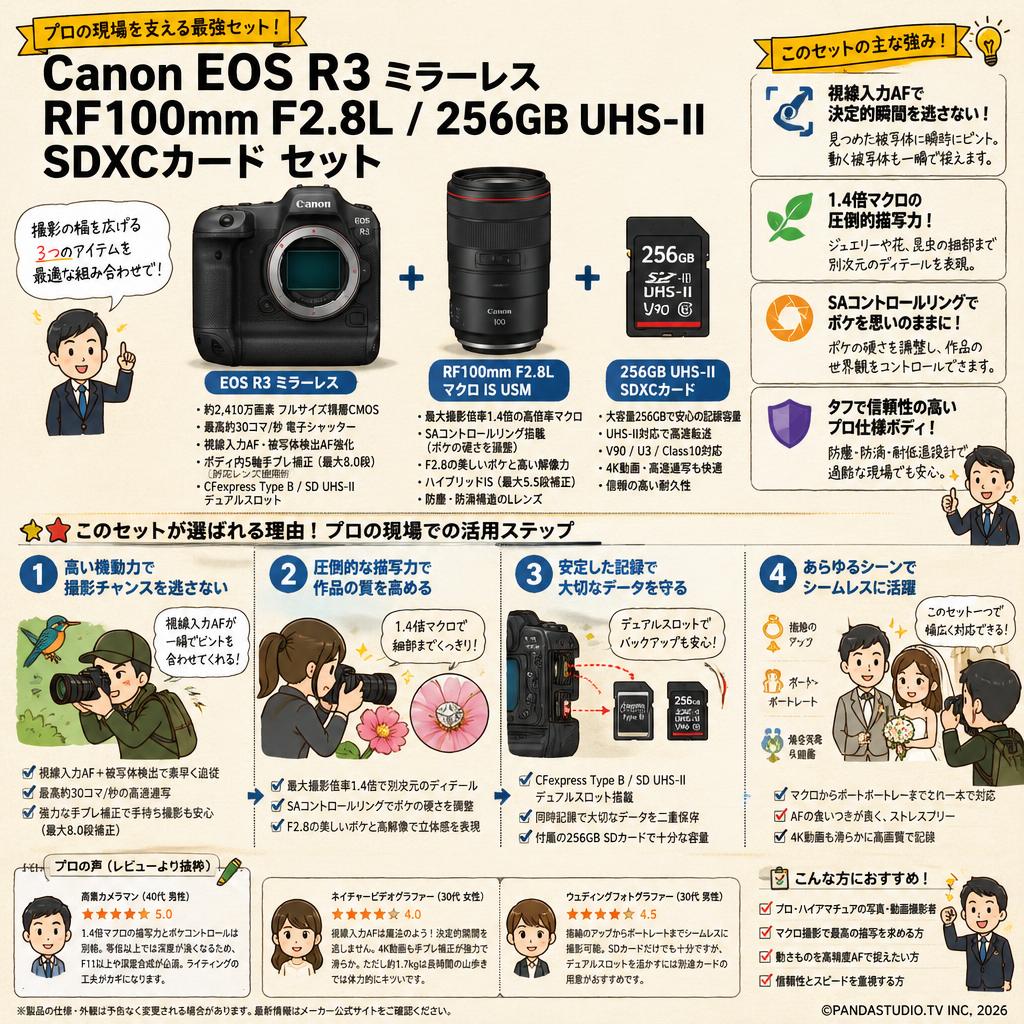 Canon EOS R3 ミラーレス / RF100mm F2.8L  / 256GB UHS-II SDXCカード セット インターネット上のお客様の声（評判）